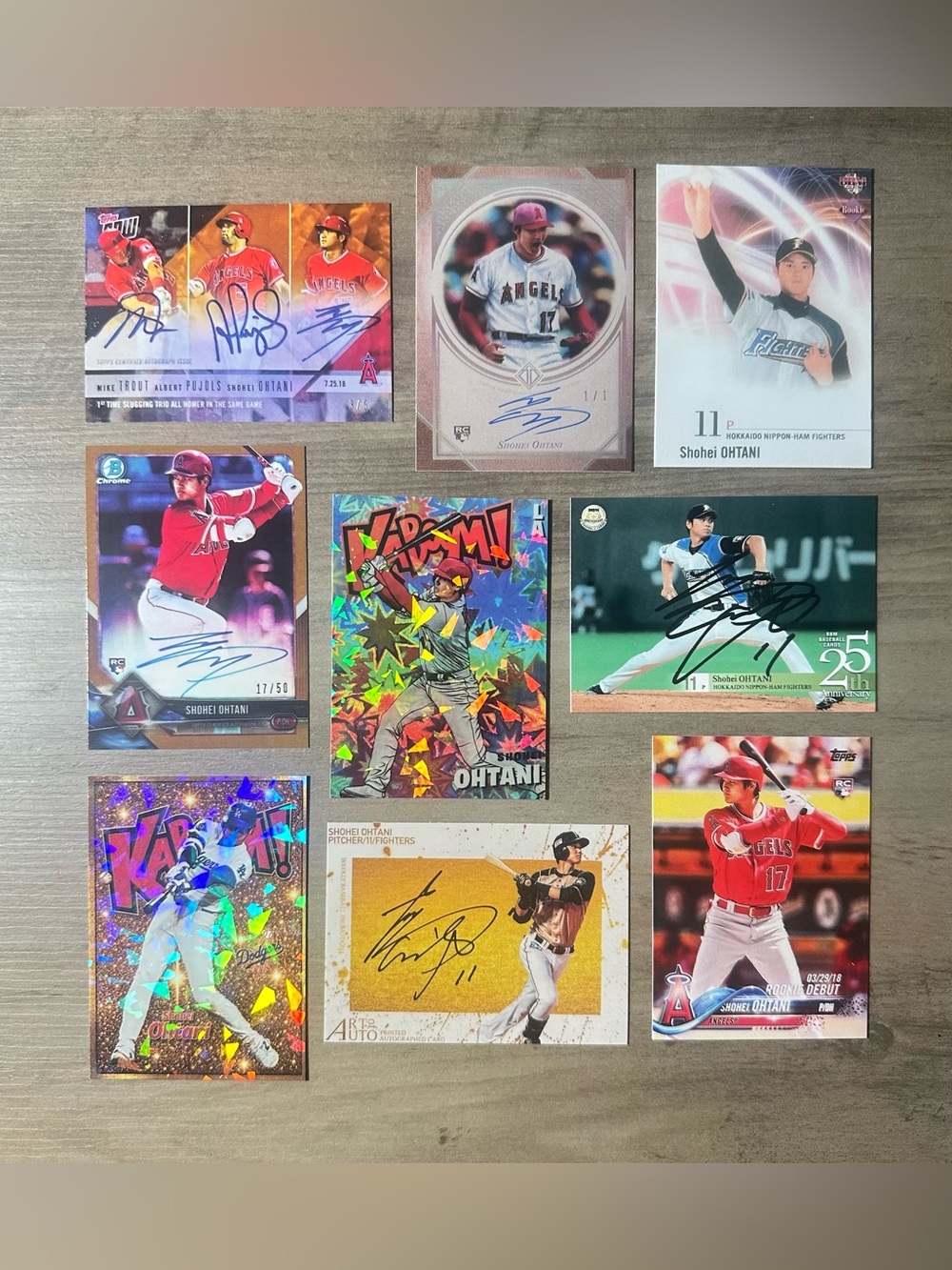 Shohei Ohtani Signed Rookie Lot of (9) Topps Kaboom Novelty Baseball Cards.